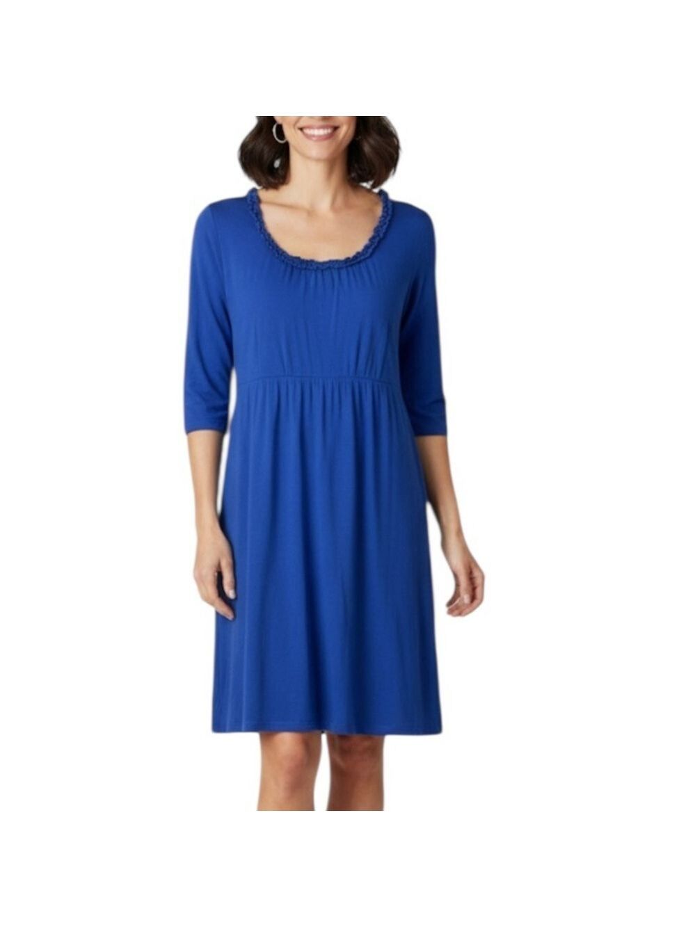 Fresh Produce Coastal Cotton Ruffled Round Collar 3/4 Sleeve Dress Medium Blue